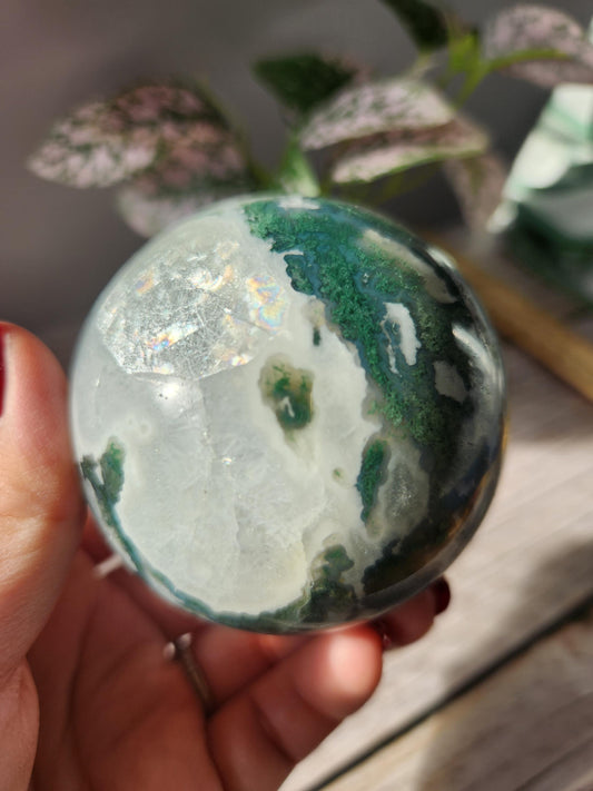 Rare natural moss agate sphere with calcite and beautiful rainbows on the calcite, 66.8mm C2