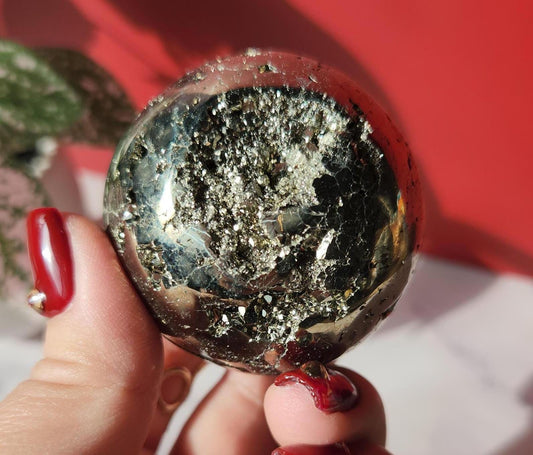 High quality druzy pyrite sphere from Peru, druzy with cubic formations