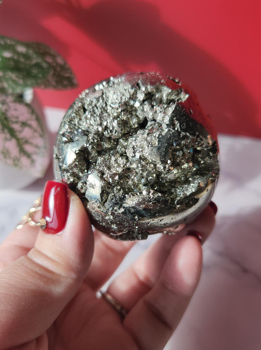 Beautiful high quality druzy pyrite sphere from Peru, druzy with cubic formations