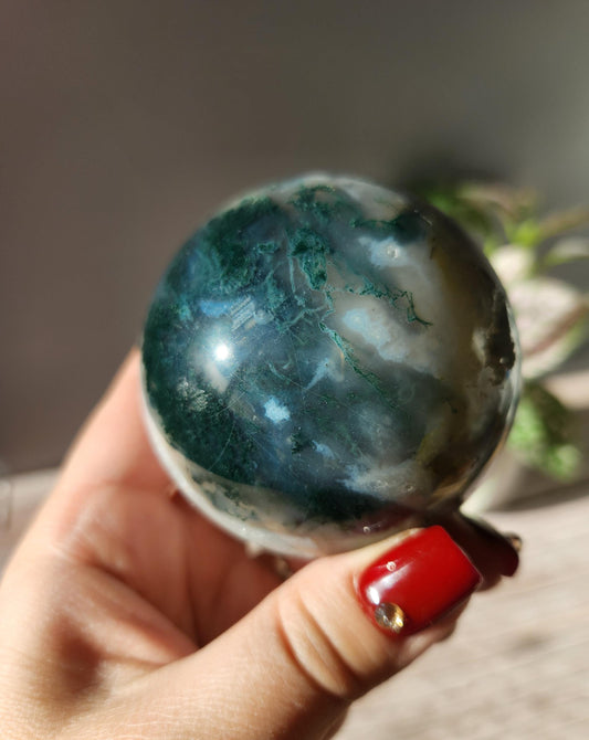Gorgeous dark moss agate sphere with sparkly quartz and druzy, natural 64mm  m1