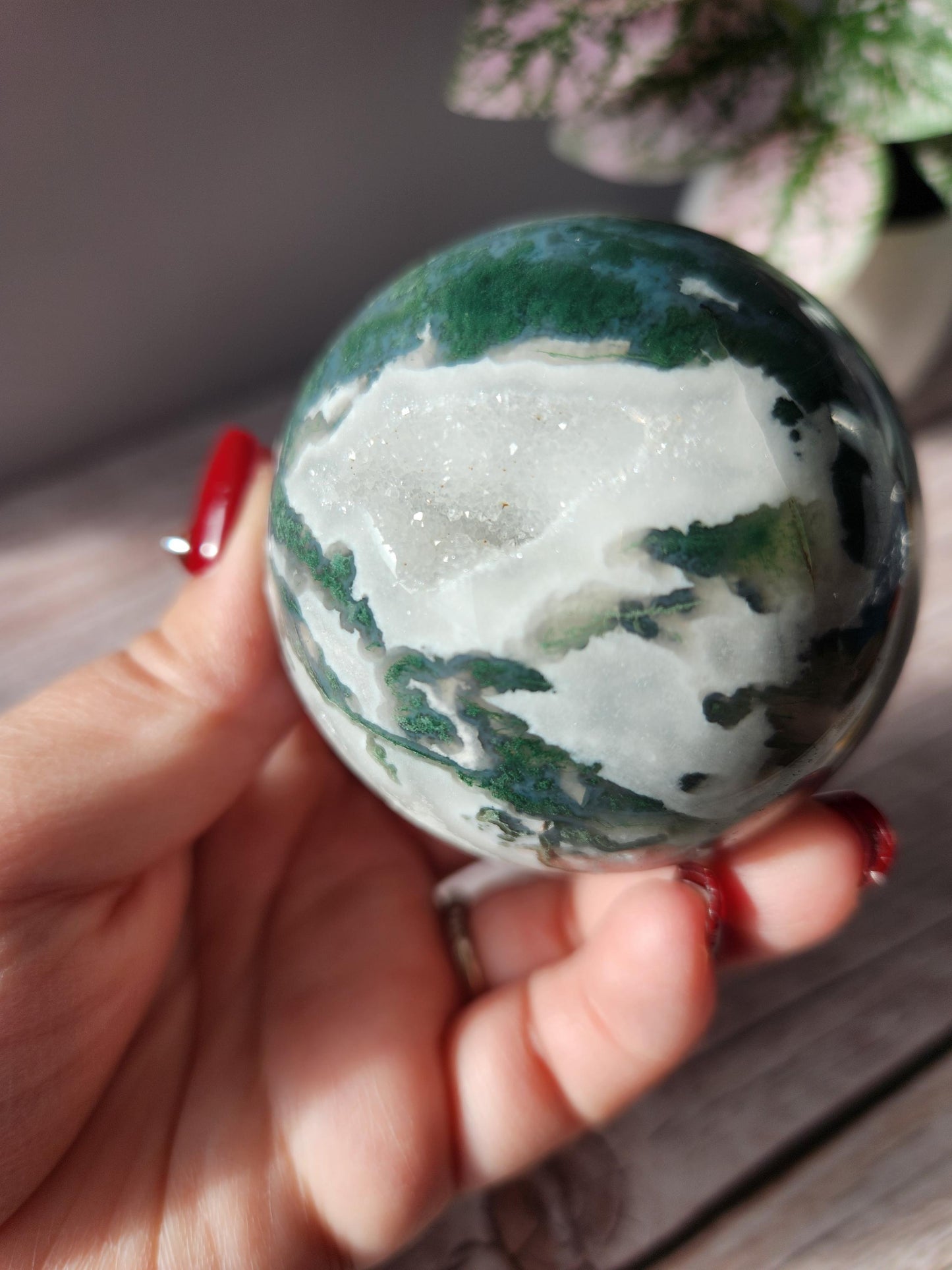 Amazing moss agate sphere with druzy quartz and blue lace / chalcedony, natural 60.8mm  M2