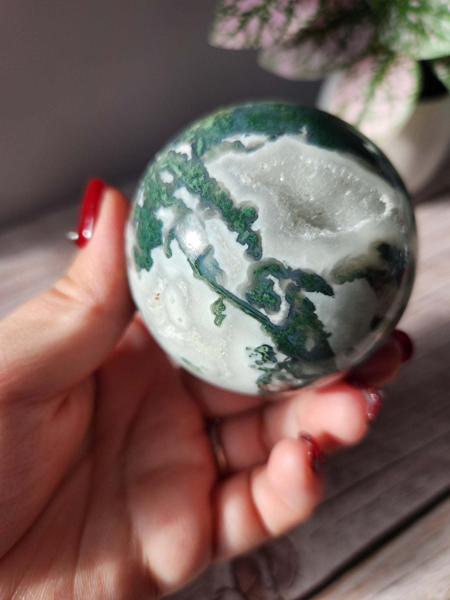 Amazing moss agate sphere with druzy quartz and blue lace / chalcedony, natural 60.8mm  M2