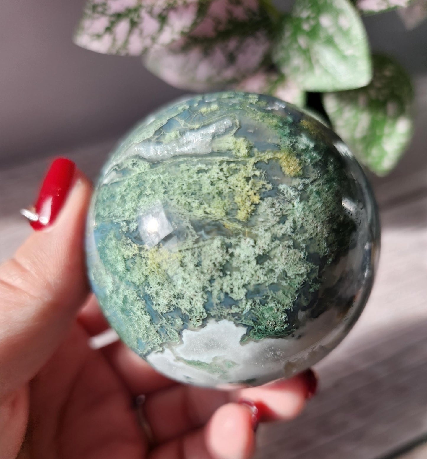 Amazing moss agate sphere with druzy quartz and blue lace / chalcedony, natural 60.8mm  M2