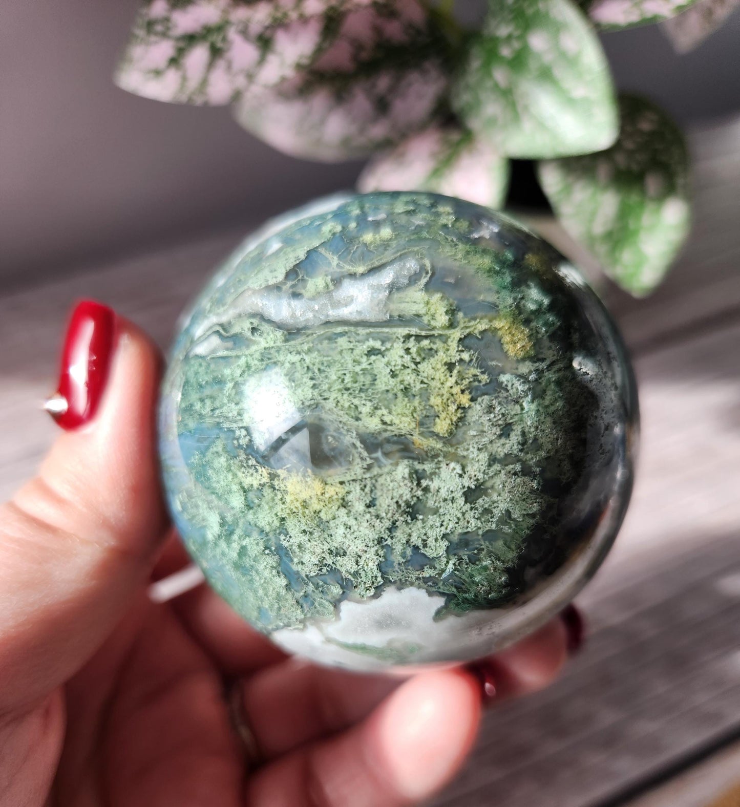 Amazing moss agate sphere with druzy quartz and blue lace / chalcedony, natural 60.8mm  M2