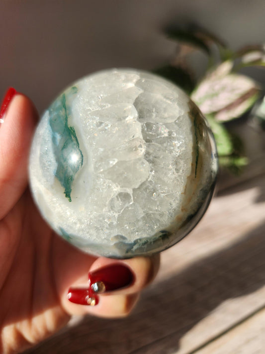 Beautiful moss agate sphere with sparkly quartz, natural 65.3mm  M3