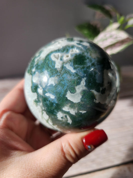 Rare moss agate sphere with sparkly quartz and blue lace/chalcedony, natural 70.5mm  M4