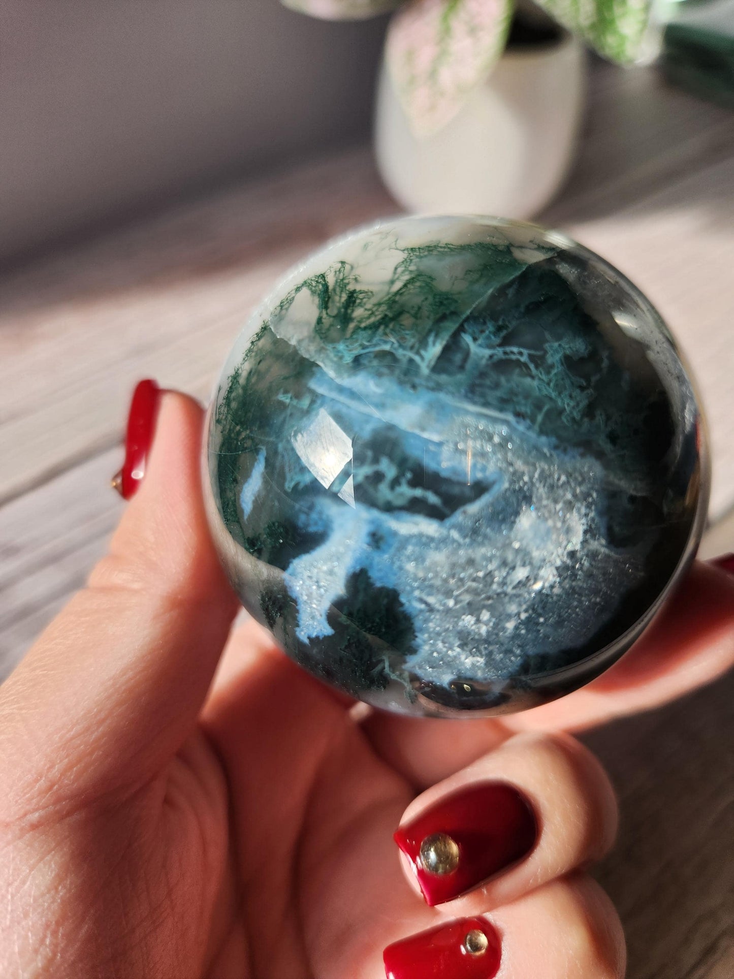Beautiful dark moss agate sphere with sparkly quartz druzy and blue lace, natural 58mm  m5