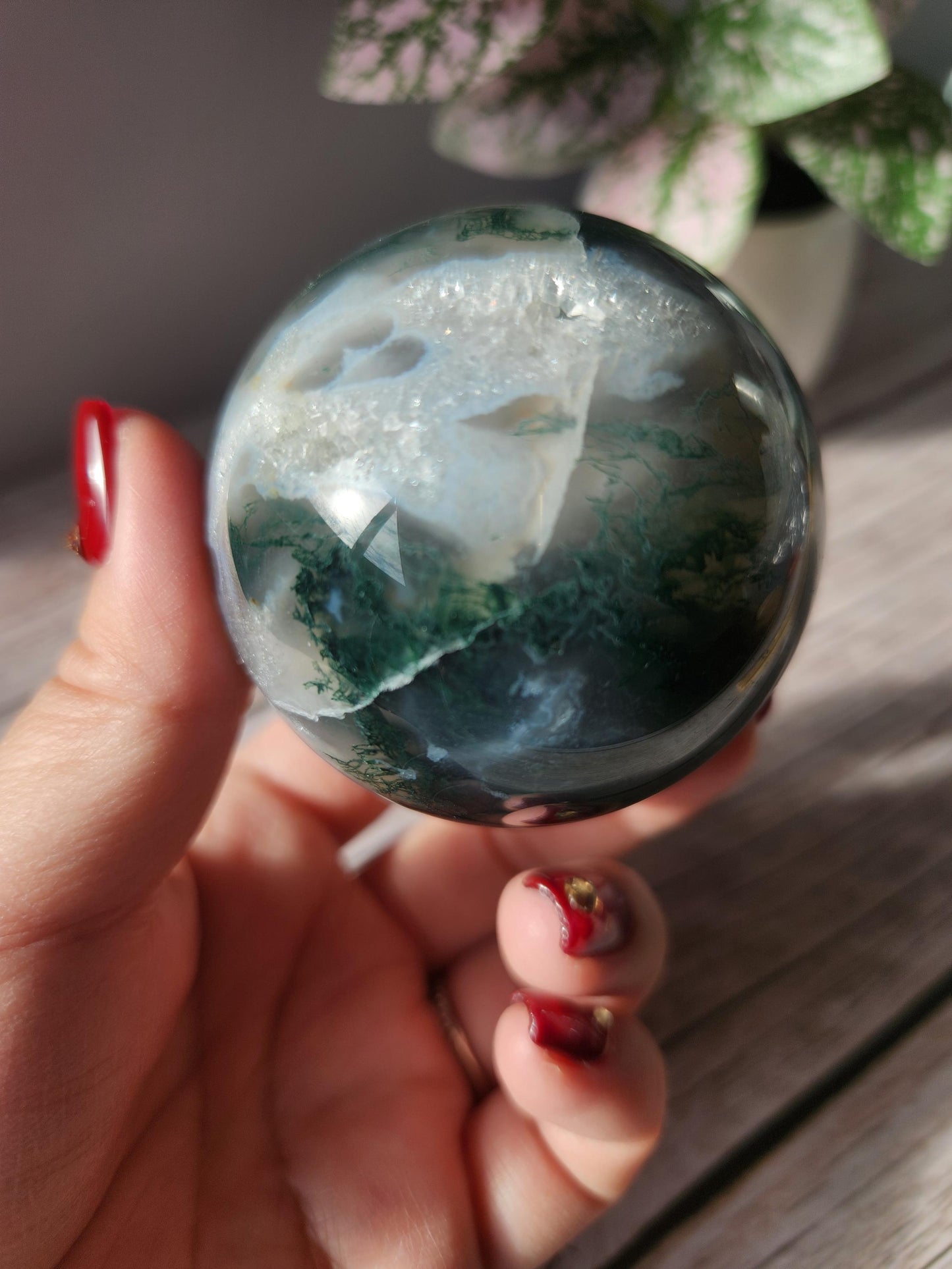 Beautiful dark moss agate sphere with sparkly quartz druzy and blue lace, natural 58mm  m5