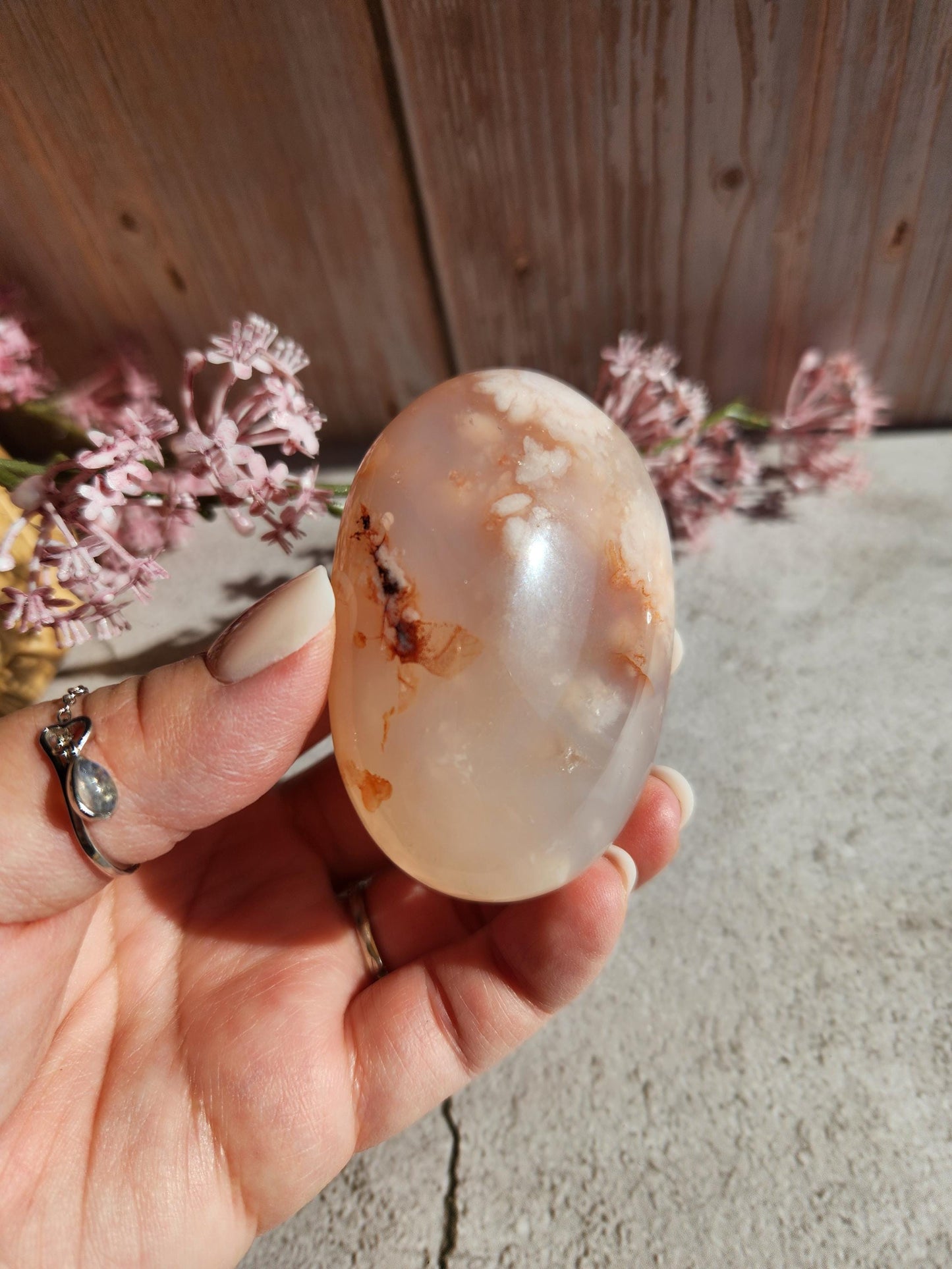 AAA natural rare carnelian flower agate palm stone with pink flowers from Madagascar, cherry blossoms, translucent