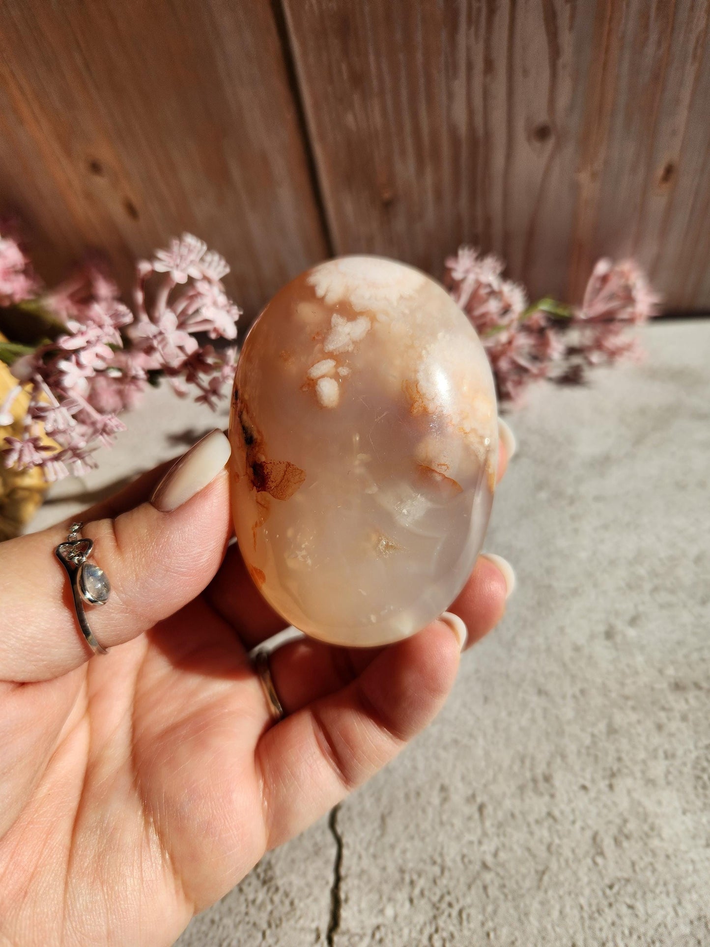 AAA natural rare carnelian flower agate palm stone with pink flowers from Madagascar, cherry blossoms, translucent