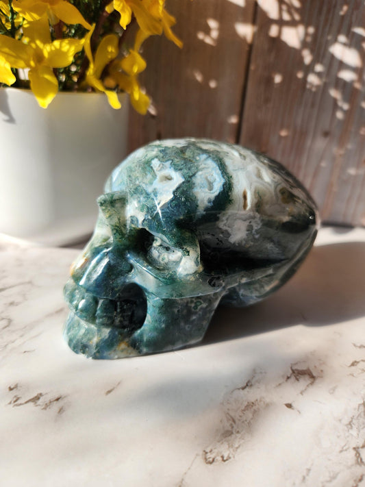 Stunning large moss agate skull carving with druzy, hand carved, high quality