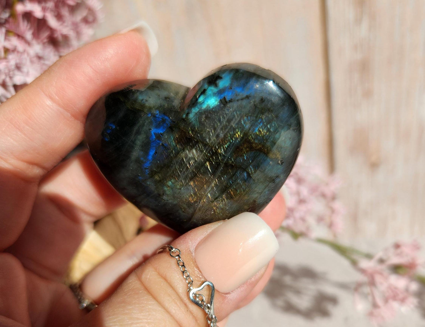 Amazing labradorite heart with with silver sheen from Finland