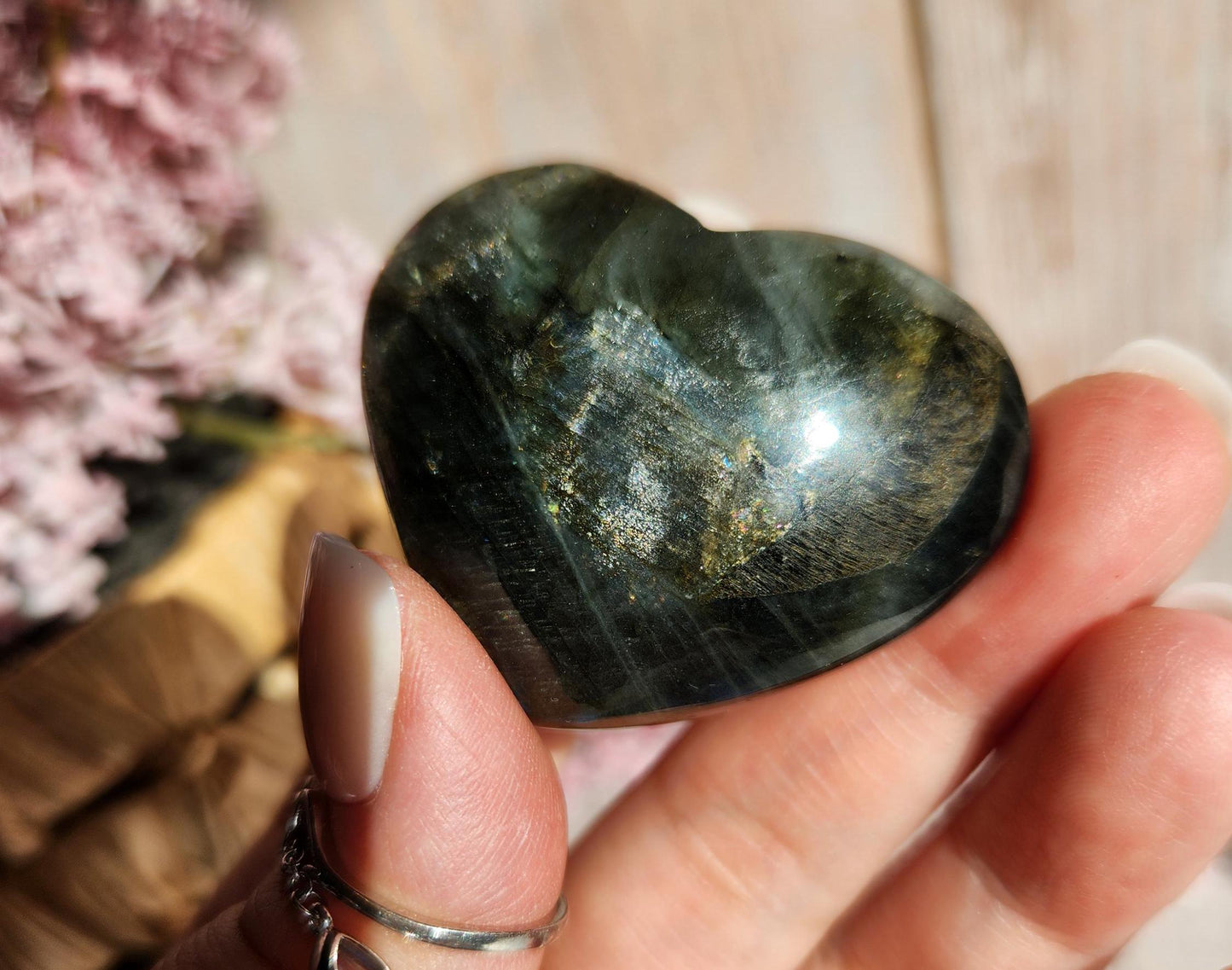 Amazing labradorite heart with with silver sheen from Finland