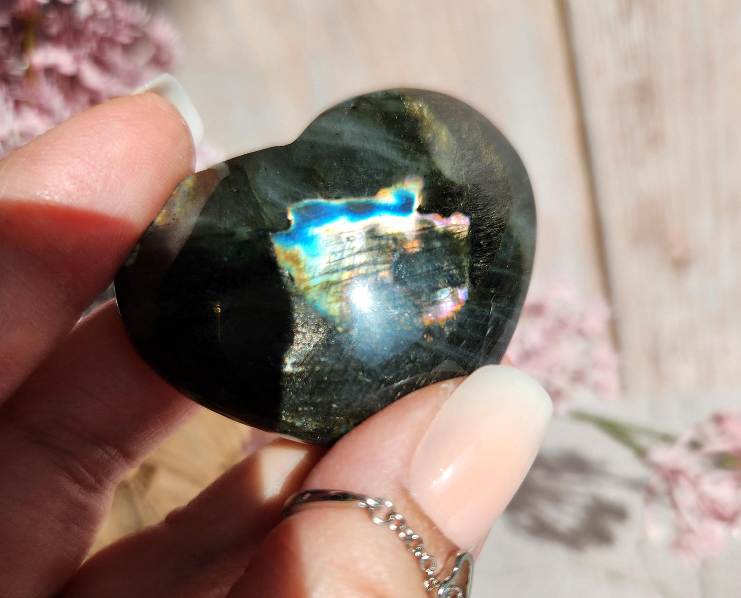 Amazing labradorite heart with with silver sheen from Finland