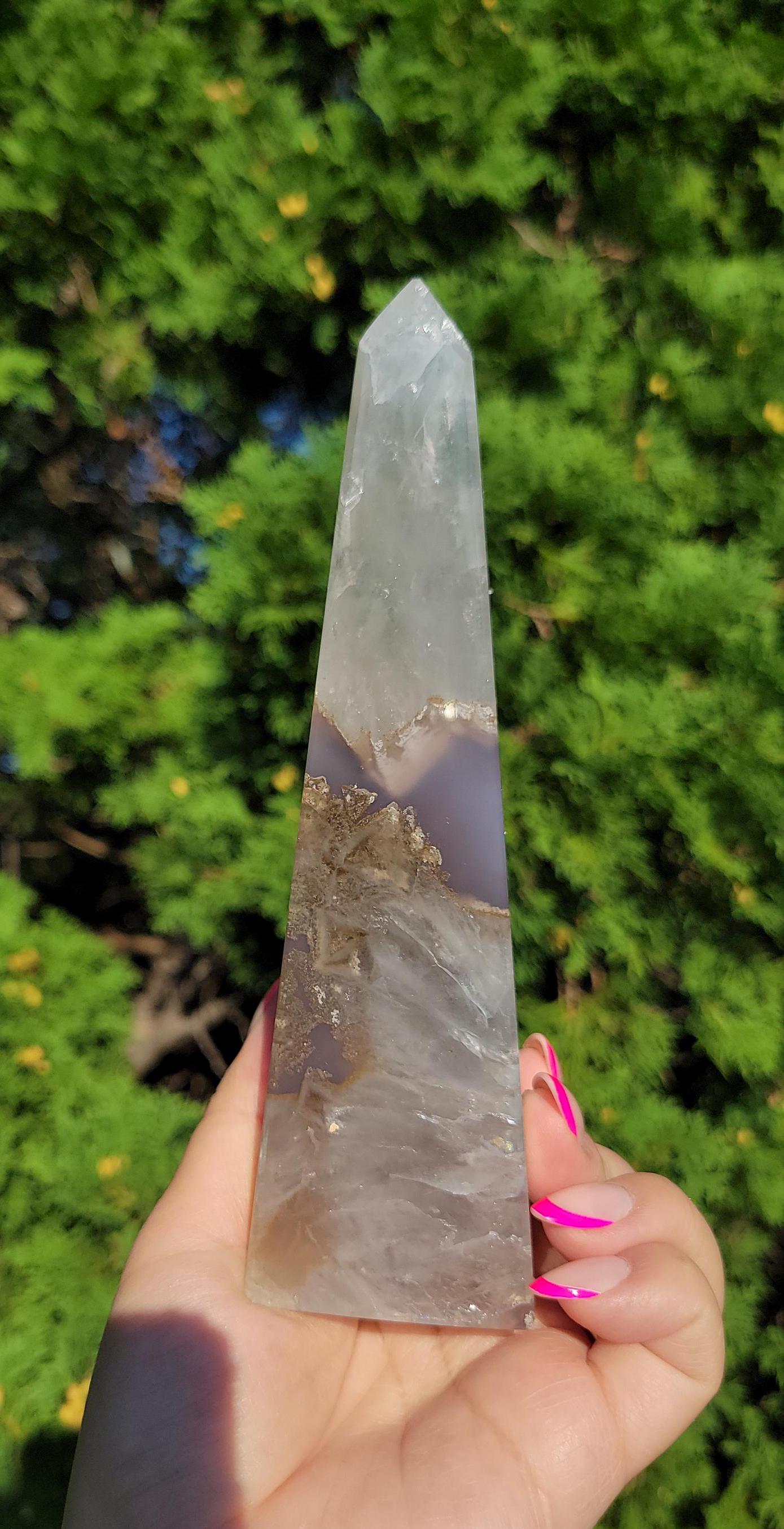 Amazing high quality druzy agate obelisk from Brazil with quartz