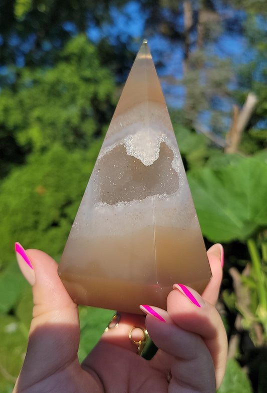 Pretty light brown agate diamond with quartz and sparkly druzy from Brazil