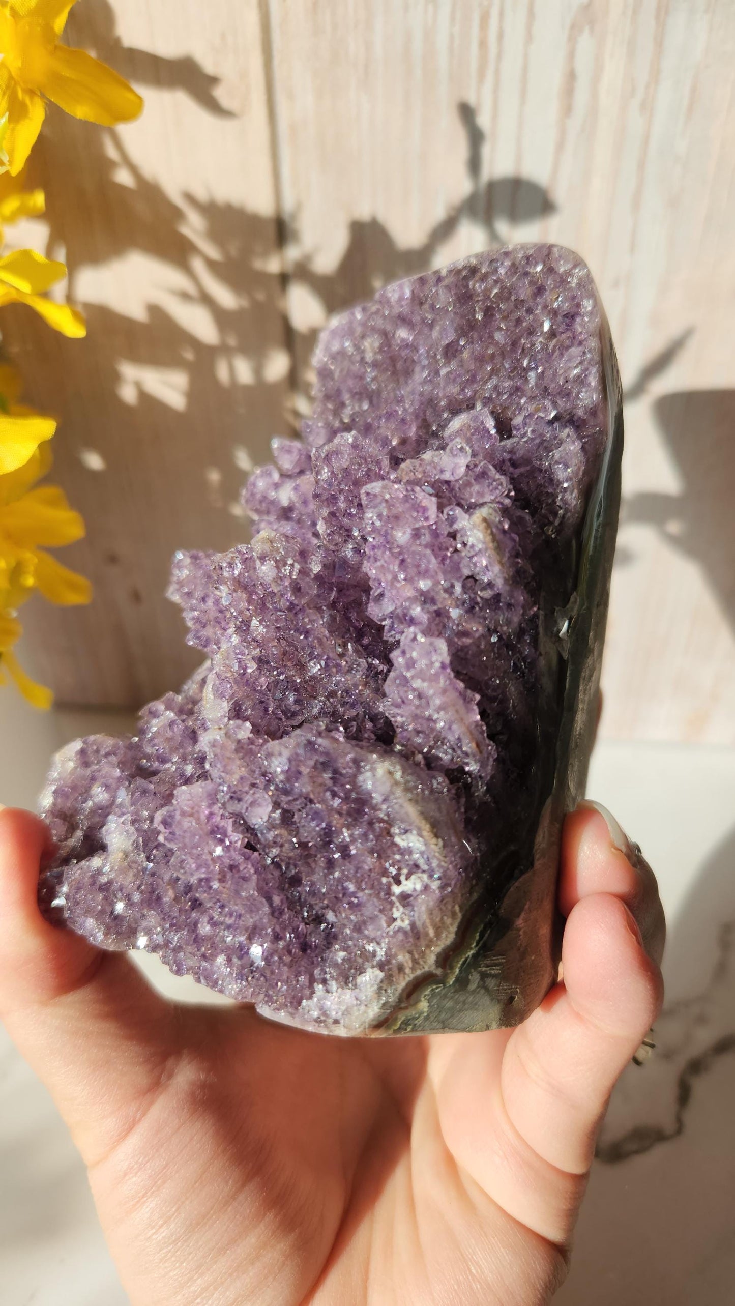 High quality natural purple amethyst cutbase with amazing stalactites from Brazil, stalactite cluster