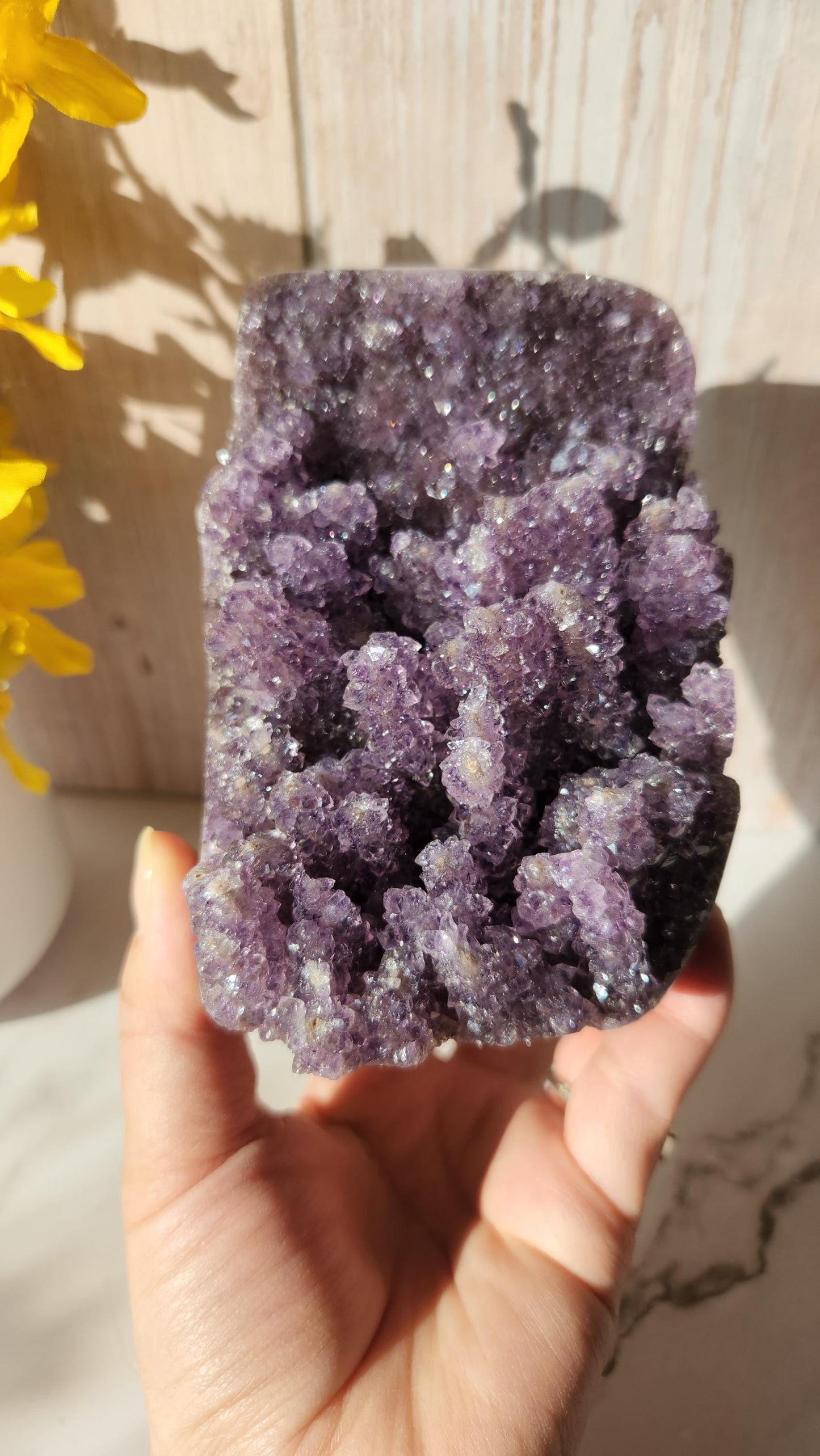 High quality natural purple amethyst cutbase with amazing stalactites from Brazil, stalactite cluster
