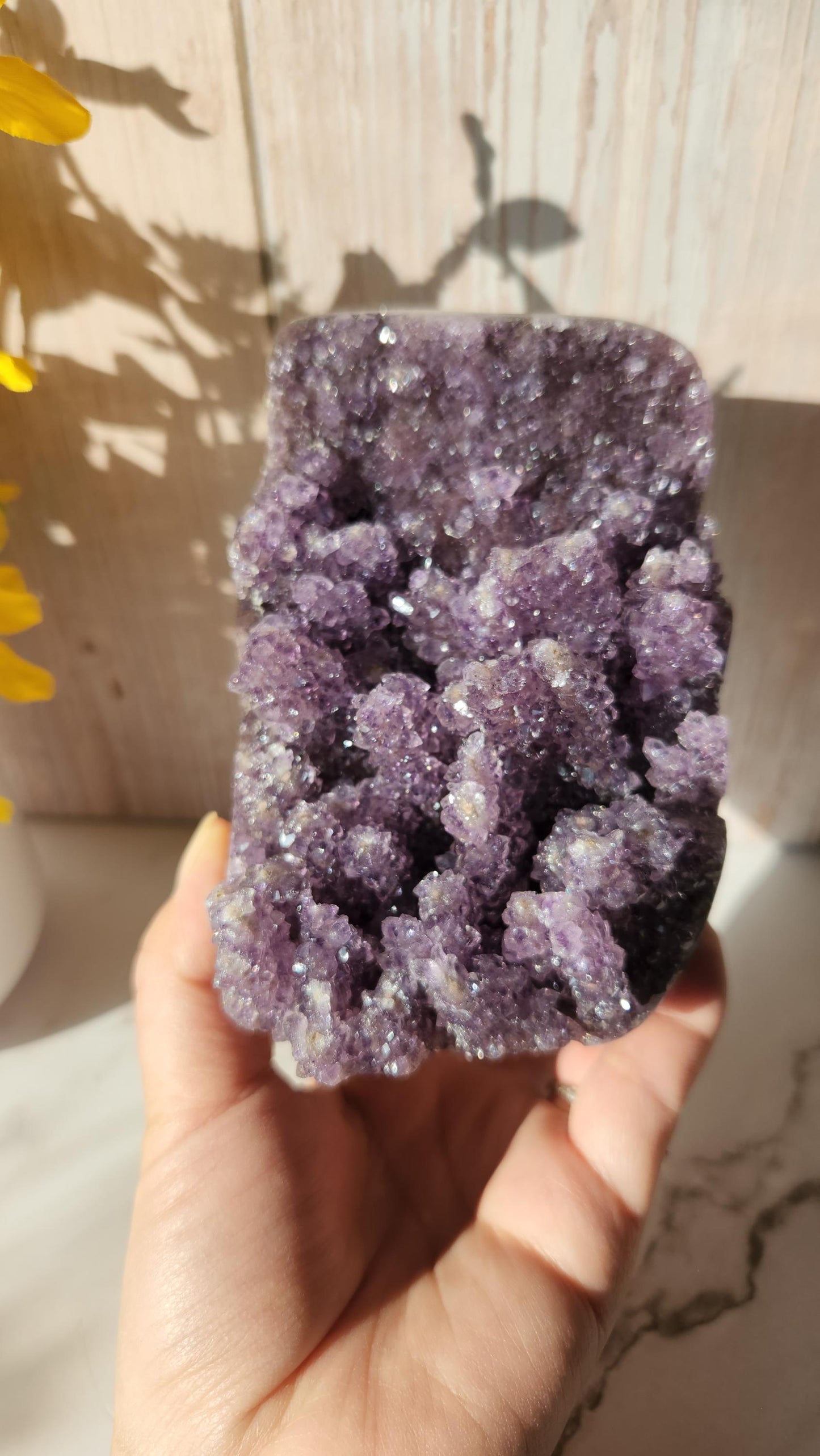 High quality natural purple amethyst cutbase with amazing stalactites from Brazil, stalactite cluster