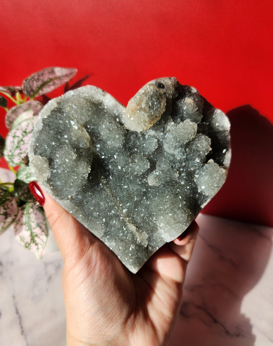 High quality natural green rainbow amethyst heart with amazing rosette flower formations, stand is included  1.76lbs