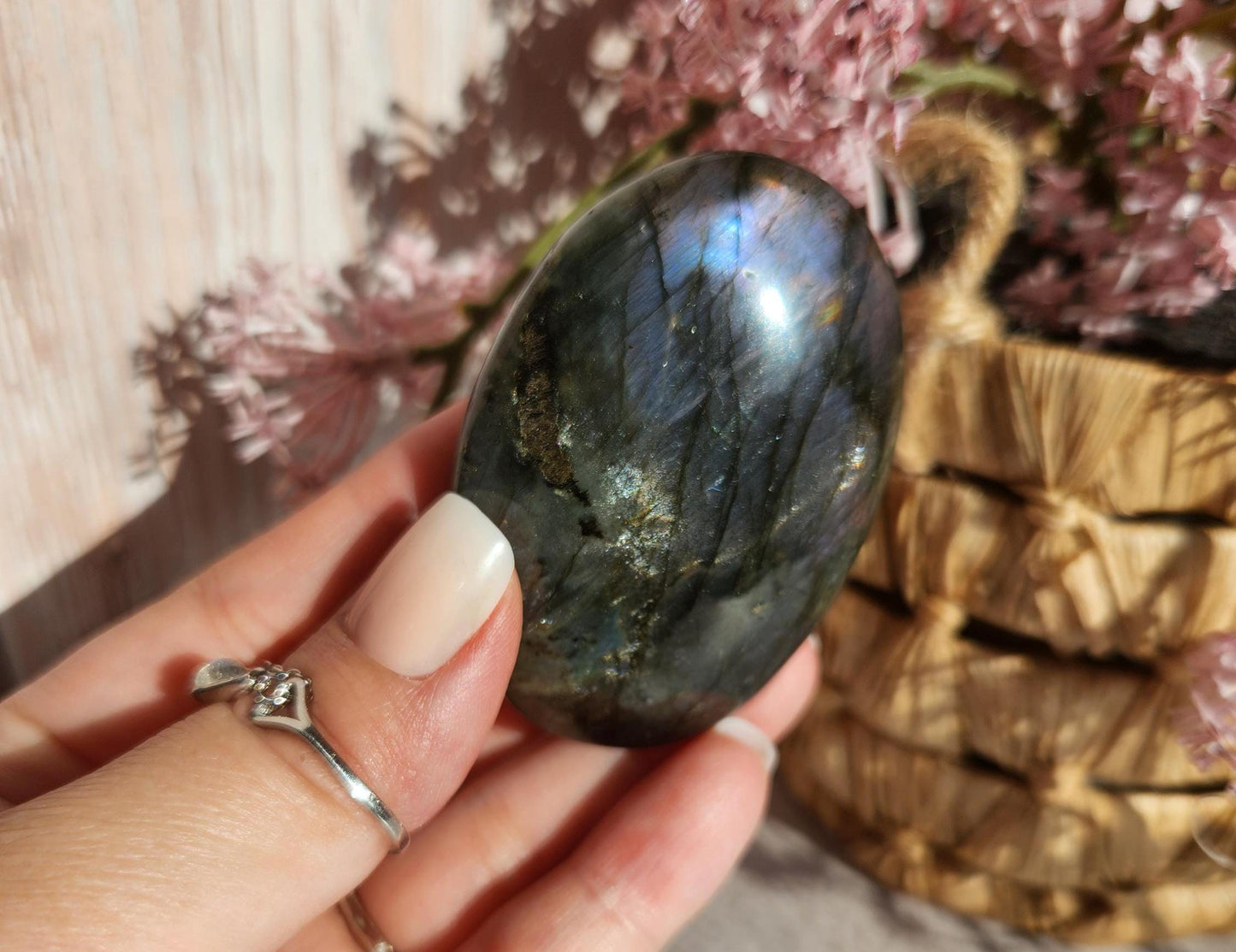 AAA duo flash labradorite, bright silver, purple and blue flash labradorite palm stone from Finland