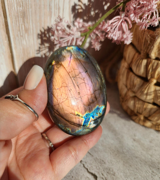 High quality XL dua flash labradorite, bright silver, orange, purple and blue flash labradorite palm stone from Finland