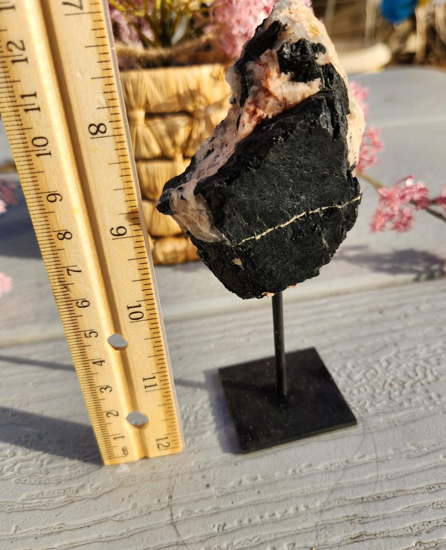 Amazing raw black tourmaline with cleavelandite and bits of quartz on stand, protection and grounding