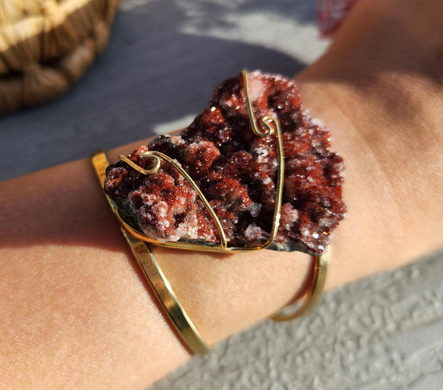 AAA rich red pink amethyst cluster bracelet bangle, sparkly pink amethyst from Brazil, gold  electroplated, adjustable