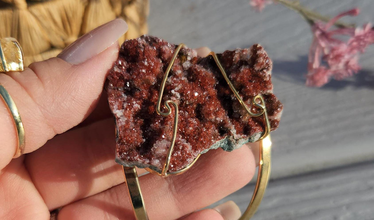 AAA rich red pink amethyst cluster bracelet bangle, sparkly pink amethyst from Brazil, gold  electroplated, adjustable