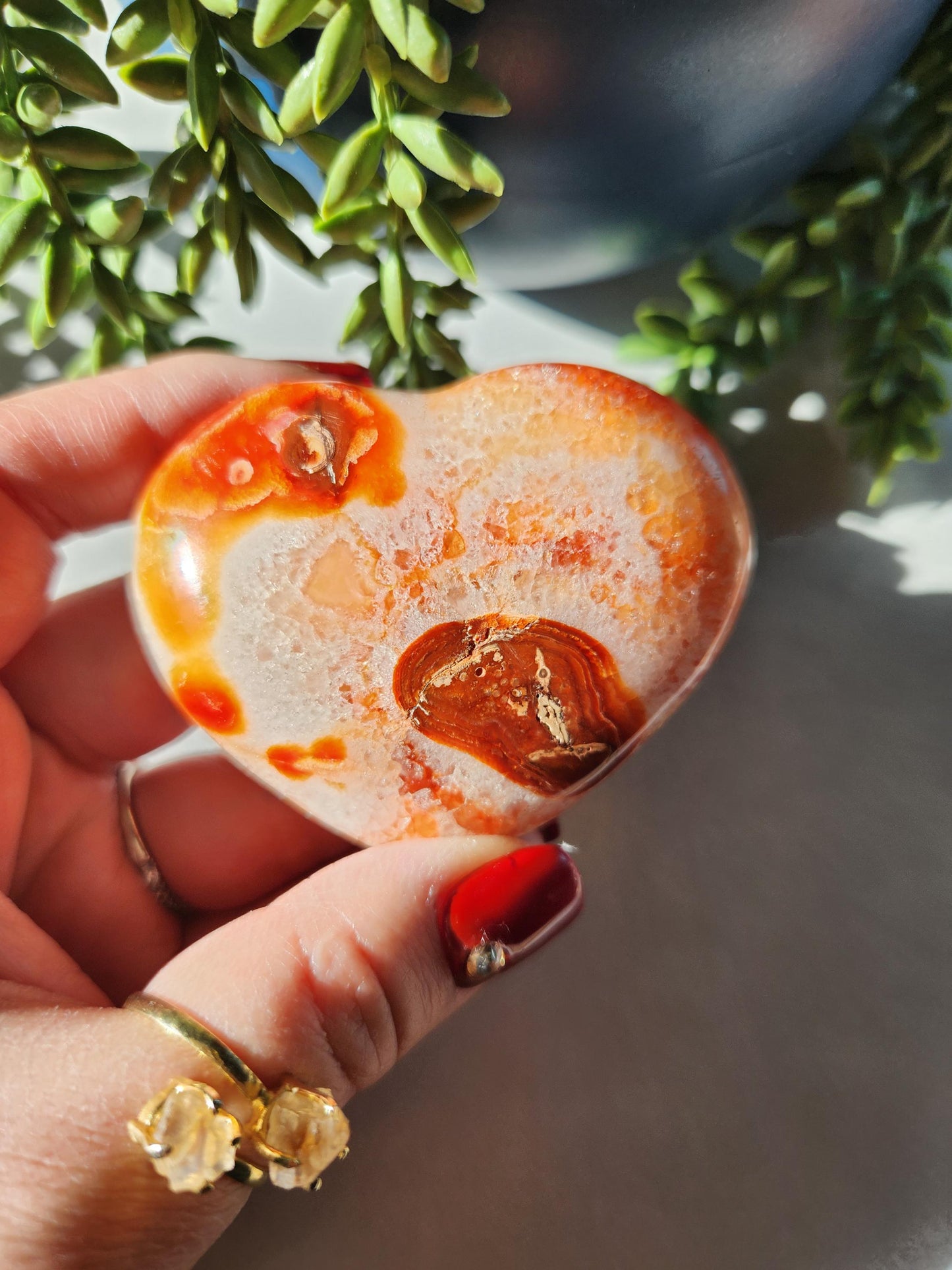 Amazing carnelian heart carving from Madagascar with quartz, and pretty patterns, natural carnelian
