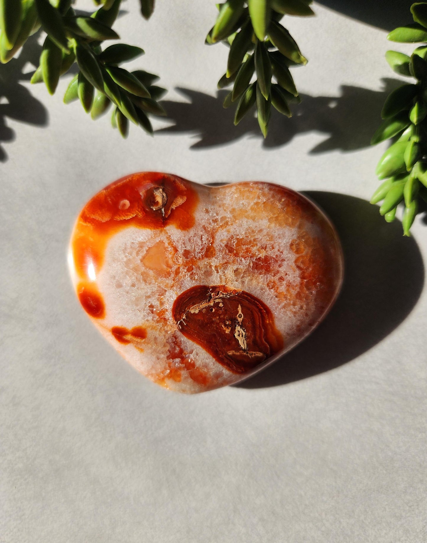 Amazing carnelian heart carving from Madagascar with quartz, and pretty patterns, natural carnelian