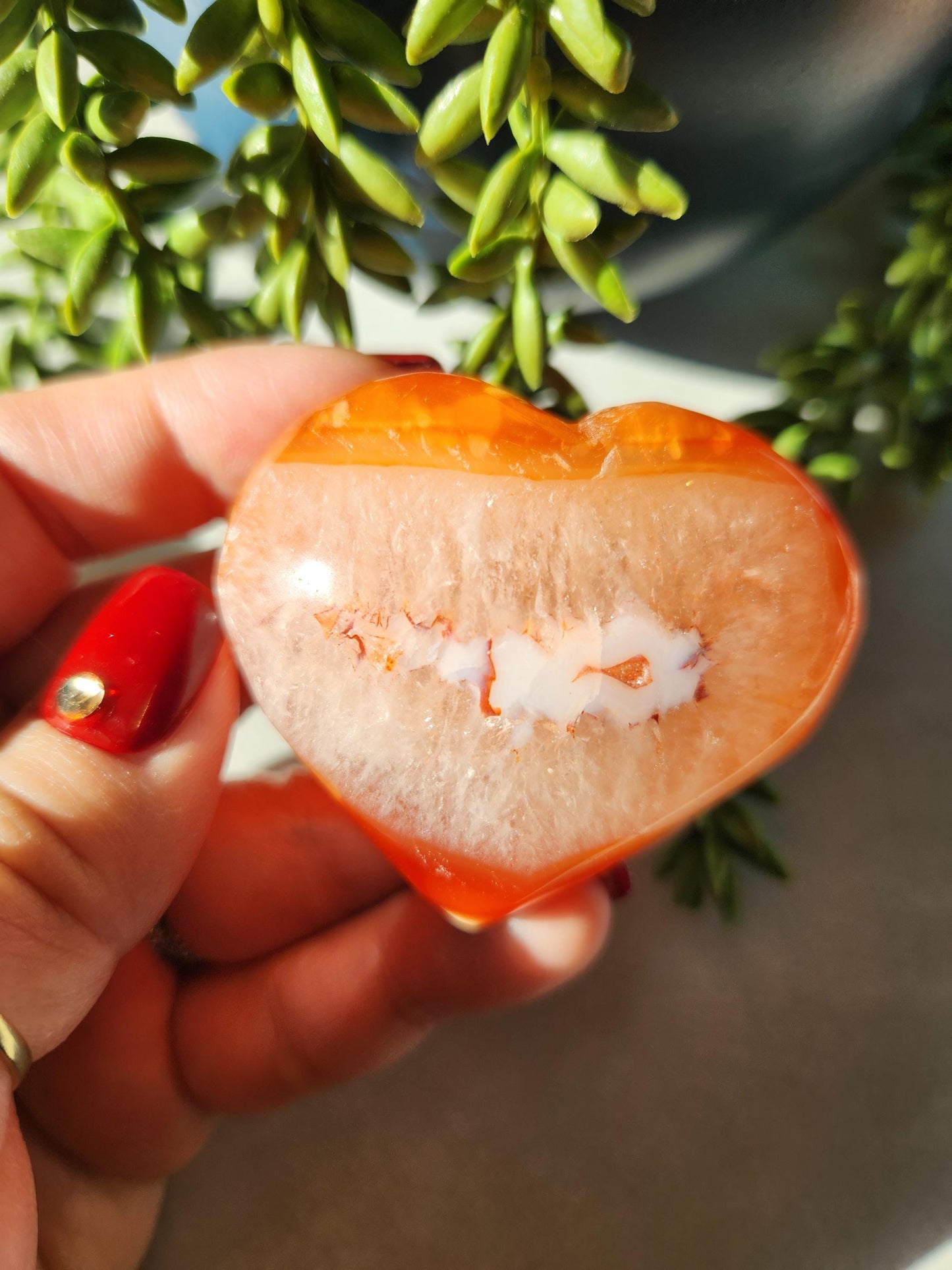 AAA Beautiful carnelian with quartz heart carving from Madagascar with small orbs patterns, natural carnelian