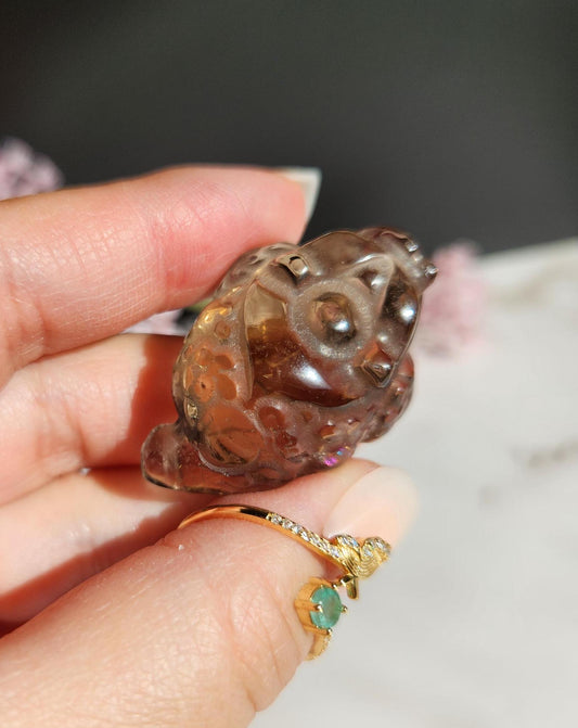 AAA golden rutile money toad with black tourmaline carvings, money frog 34B