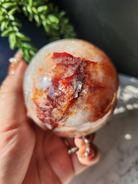 Large natural high quality fire quartz sphere with rainbows, Hematoid inclusions, Hematoid quartz, natural fire quartz