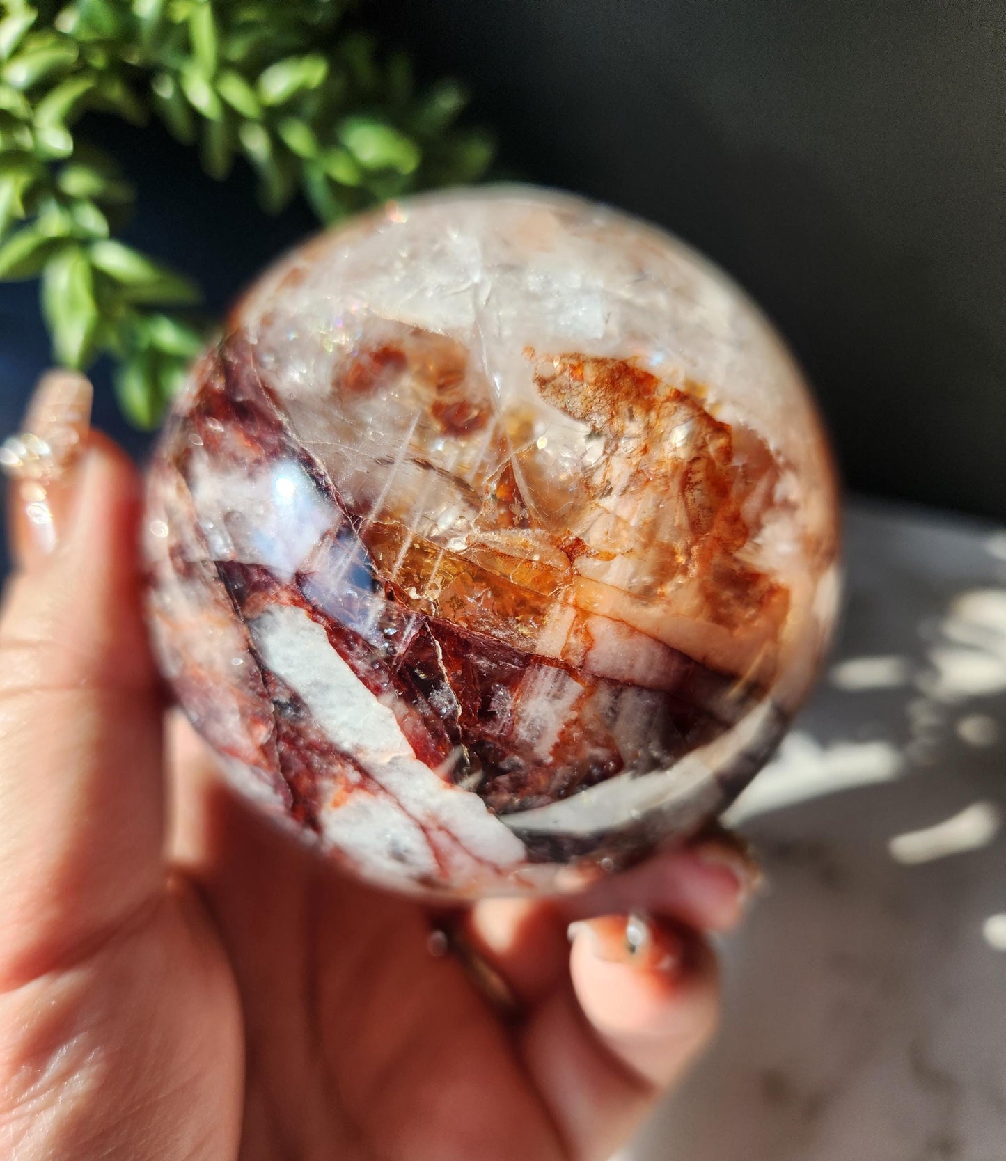 Large natural high quality fire quartz sphere with rainbows, Hematoid inclusions, Hematoid quartz, natural fire quartz