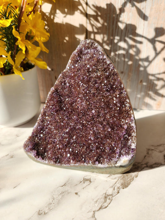 Gorgeous red rainbow amethyst cutbase, natural, from Uruguay
