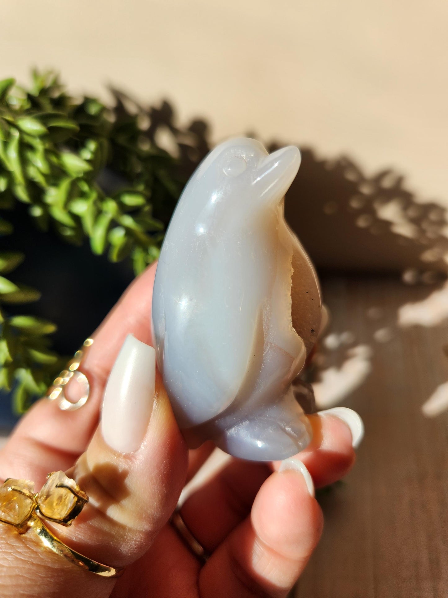 Adorable chubby penguin agate carving with sparkly druzy, natural agate