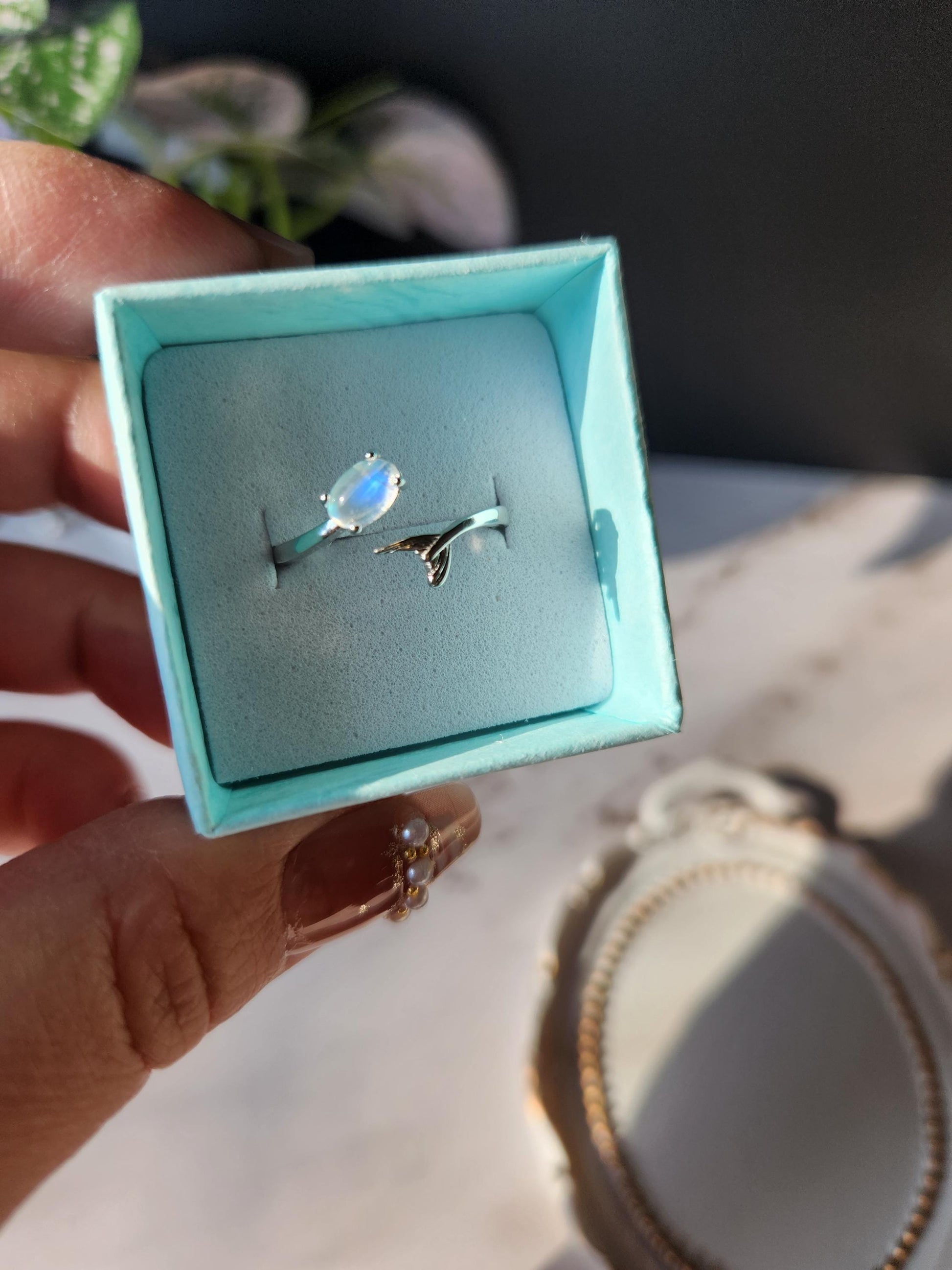 Dainty mermaid blue moonstone ring, top quality