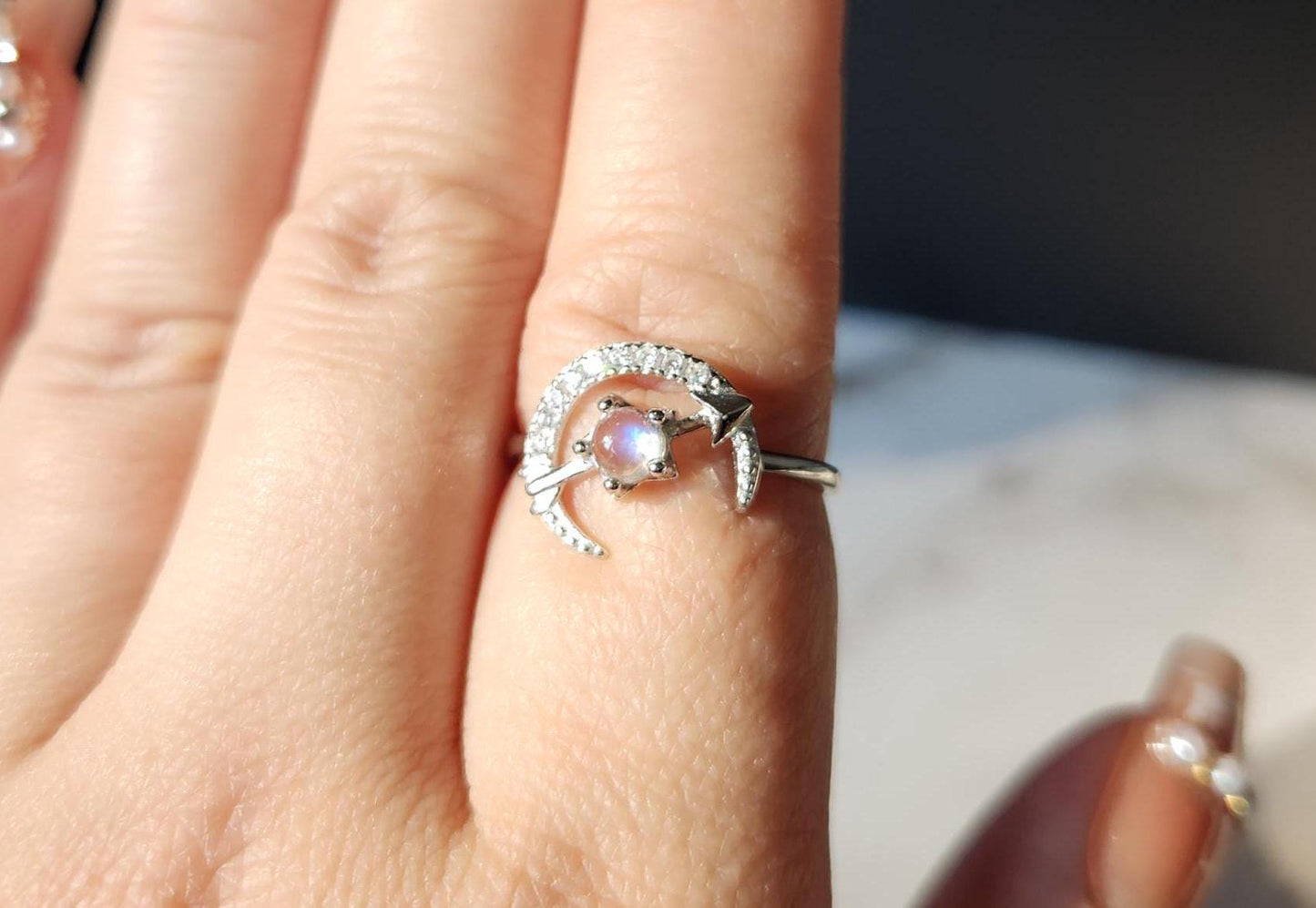 Top quality moon and star blue moonstone ring, 925 sterling silver, adjustable ring, beautiful dainty rings