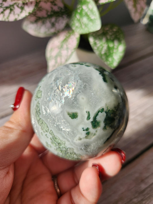 Rare natural moss agate sphere with calcite and beautiful rainbows, 57.7mm C3