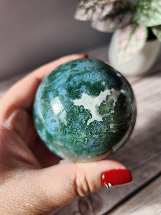 Amazing moss agate sphere with druzy quartz and blue lace / chalcedony, natural 60.8mm  M2