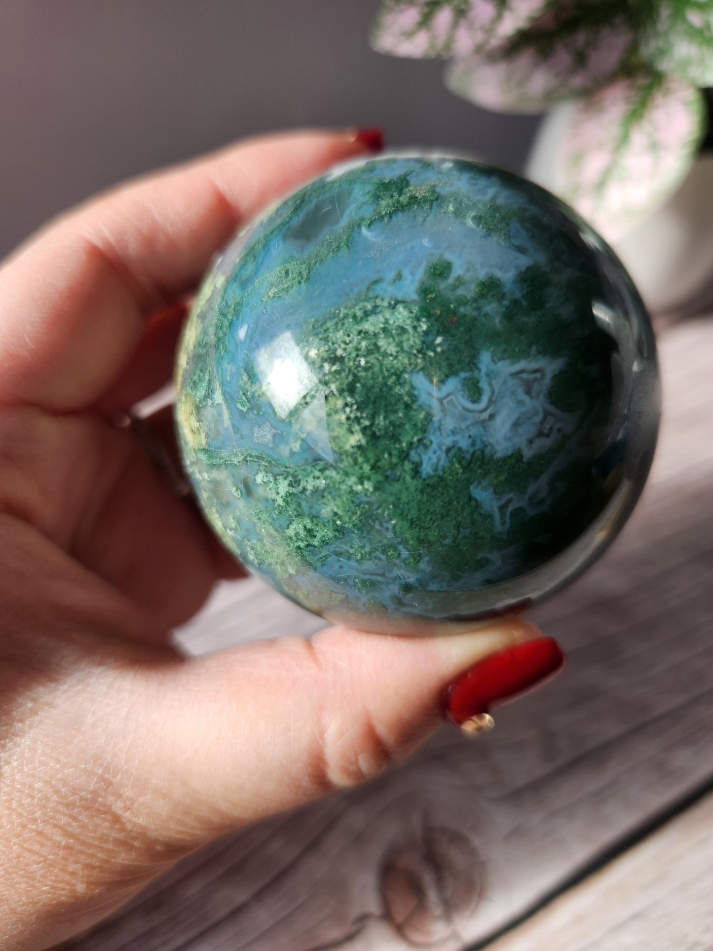 Amazing moss agate sphere with druzy quartz and blue lace / chalcedony, natural 60.8mm  M2