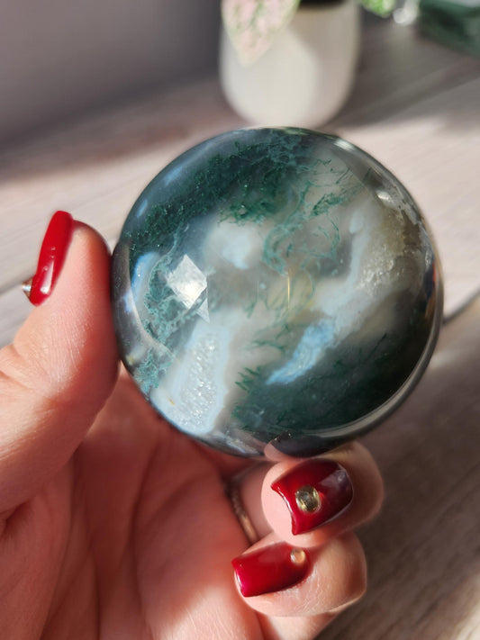 Beautiful dark moss agate sphere with sparkly quartz druzy and blue lace, natural 58mm  m5