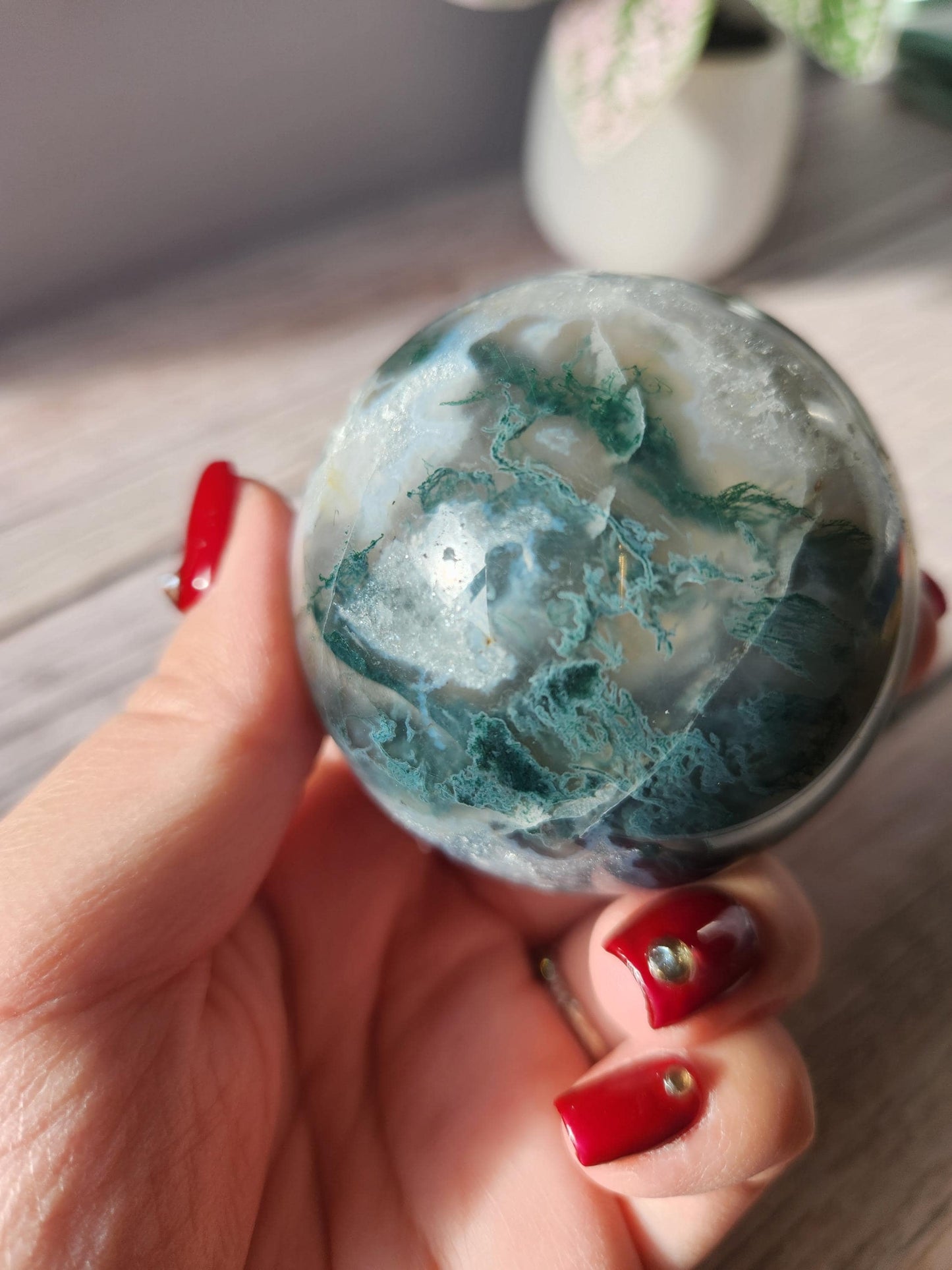 Beautiful dark moss agate sphere with sparkly quartz druzy and blue lace, natural 58mm  m5