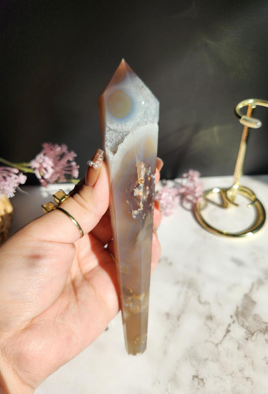 Natural black flower agate wand with stand, has sparkly druzy and black chalcedony from Madagascar