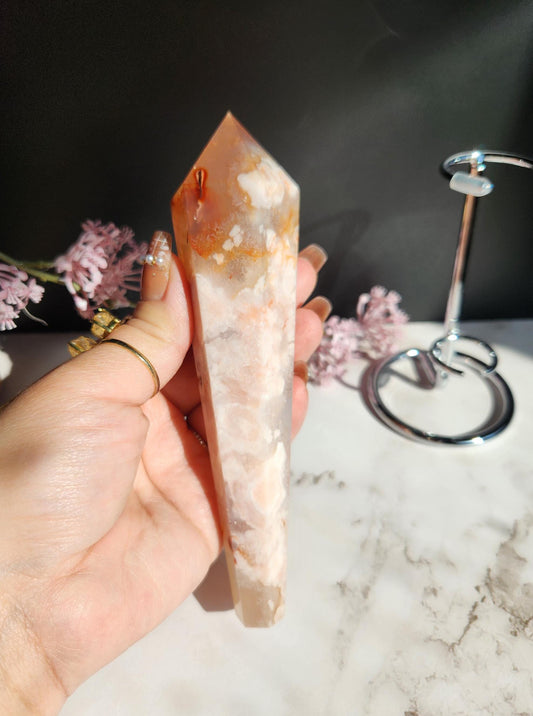 Natural carnelian flower agate wand with stand from Madagascar