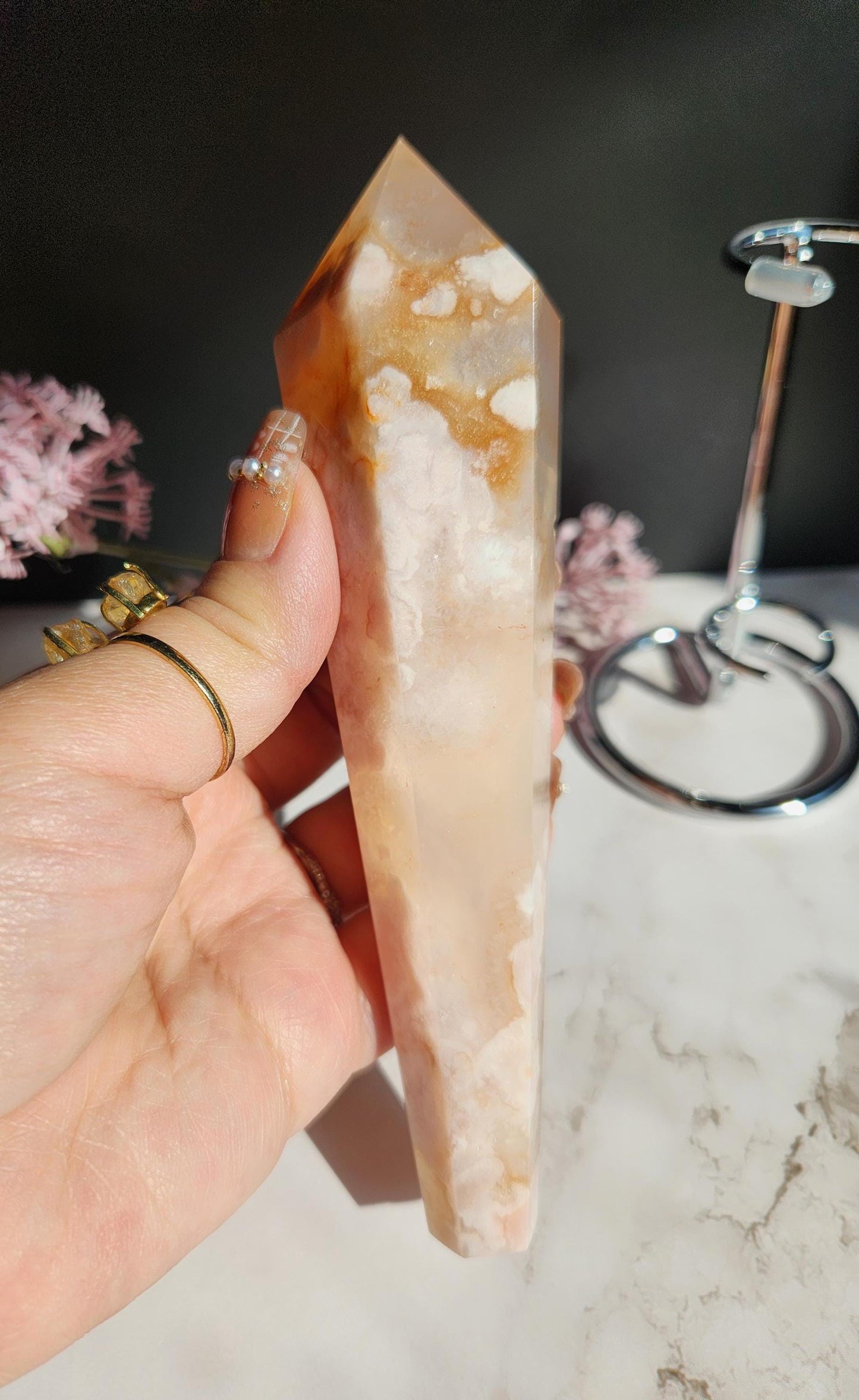 Natural carnelian flower agate wand with stand from Madagascar