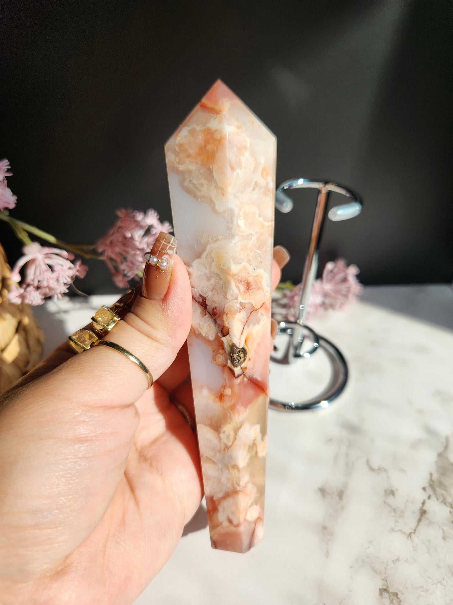 AAA Natural carnelian flower agate wand with stand from Madagascar