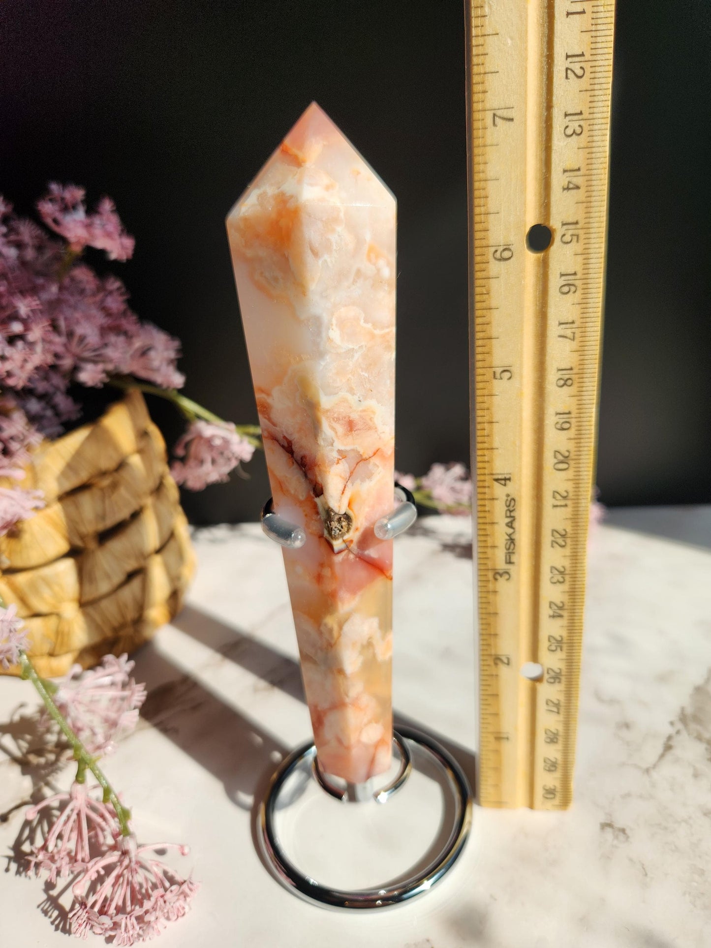 AAA Natural carnelian flower agate wand with stand from Madagascar