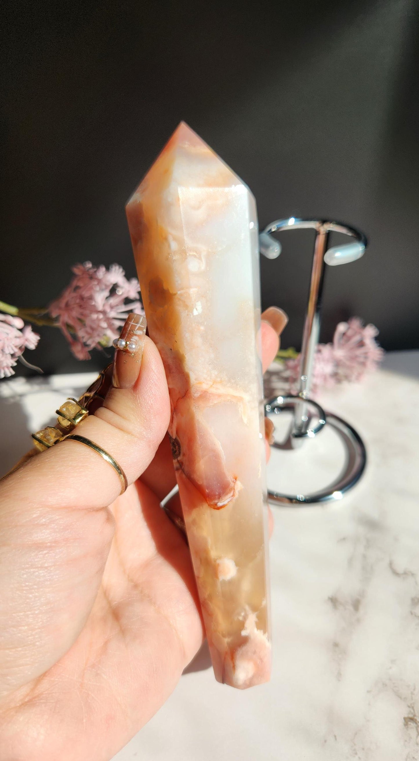 AAA Natural carnelian flower agate wand with stand from Madagascar